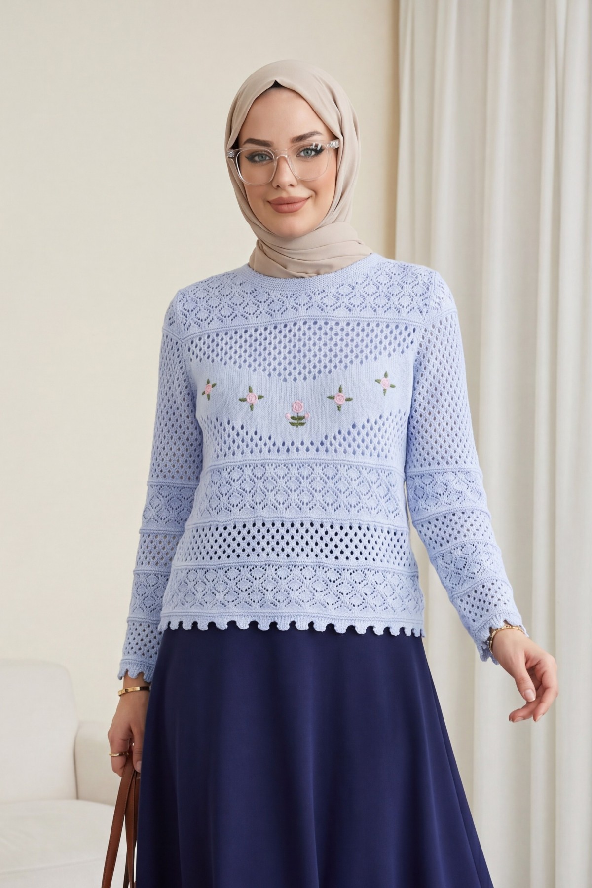 Knitted Sweater with Floral Embroidery and Openwork Pattern -Baby Blue