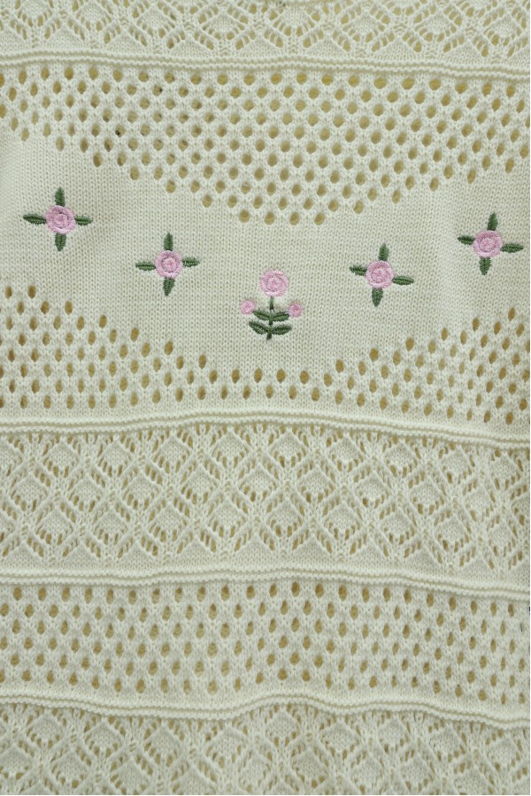 Knitted Sweater with Floral Embroidery and Openwork Pattern -Cream color