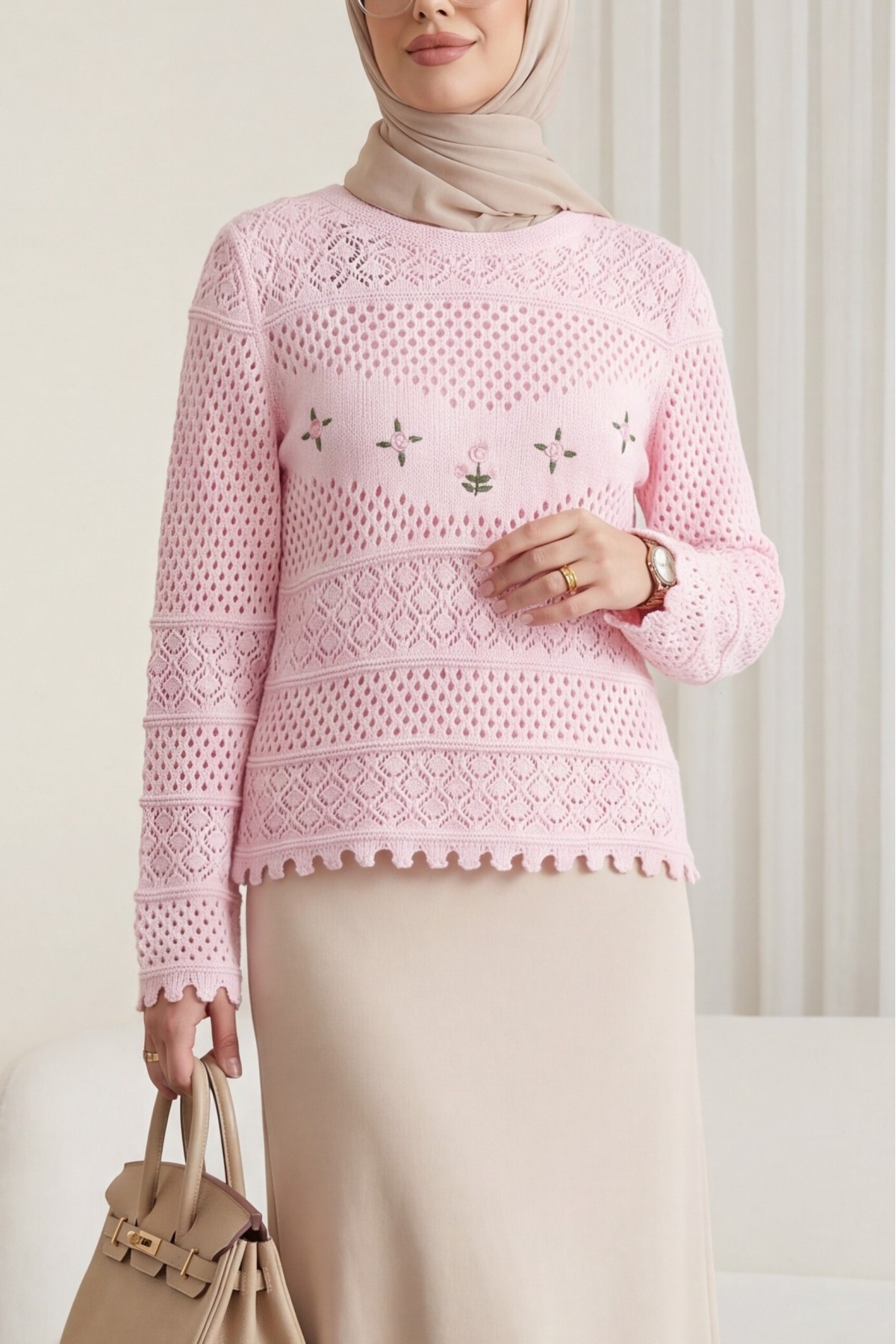 Knitted Sweater with Floral Embroidery and Openwork Pattern -Powder