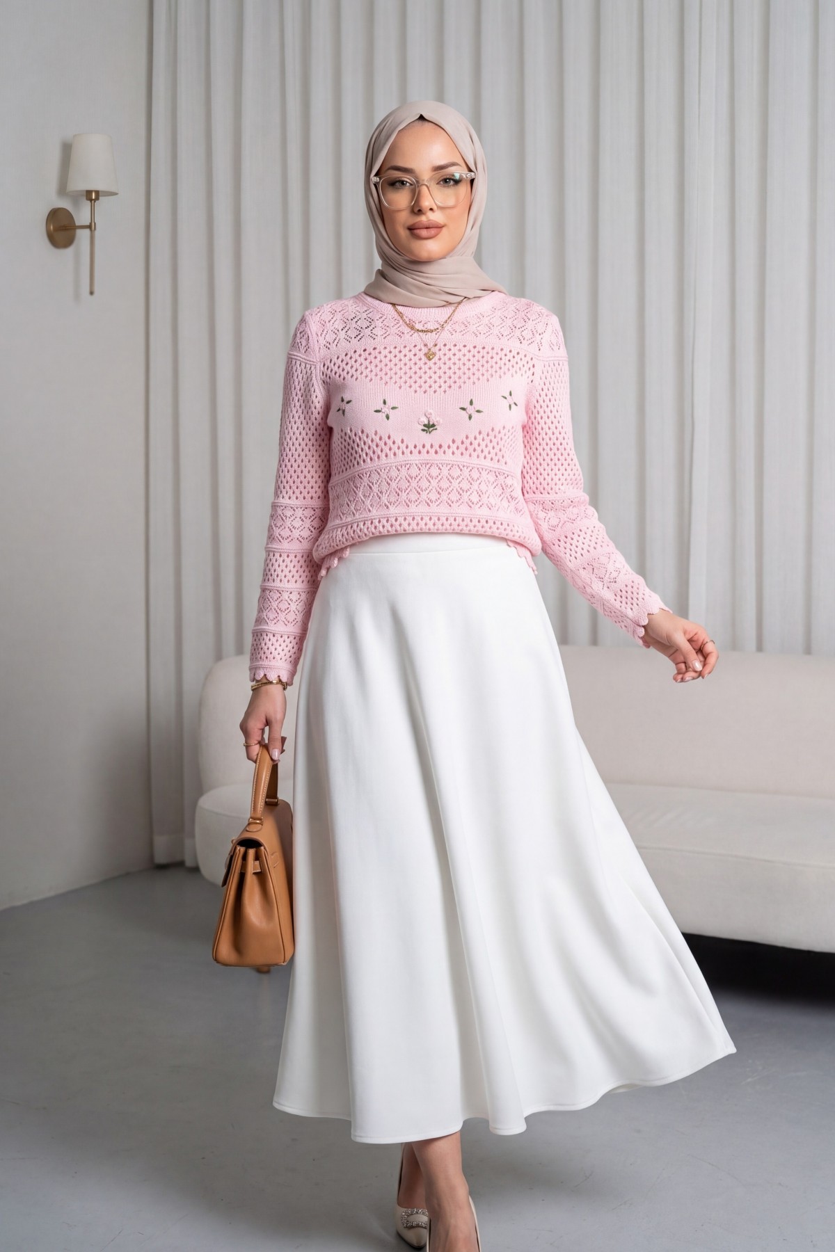 Knitted Sweater with Floral Embroidery and Openwork Pattern -Powder