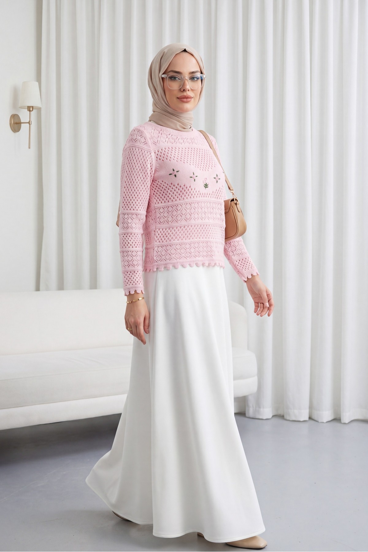 Knitted Sweater with Floral Embroidery and Openwork Pattern -Powder detay görseli