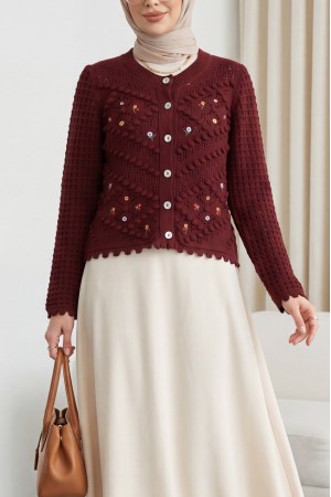 Çiçek Nakışlı Ponponlu Ajurlu Triko Hırka         -Bordo