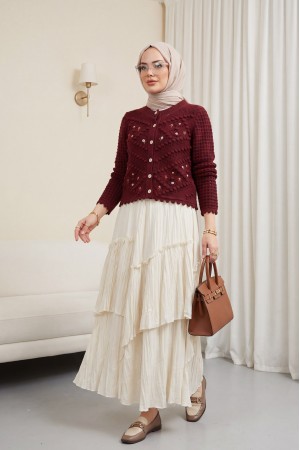 Çiçek Nakışlı Ponponlu Ajurlu Triko Hırka         -Bordo