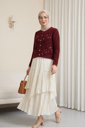 Çiçek Nakışlı Ponponlu Ajurlu Triko Hırka         -Bordo