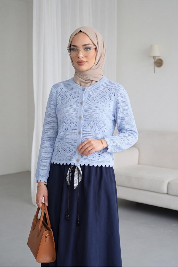 Geometric Patterned Openwork Buttoned Knit Cardigan -Baby Blue