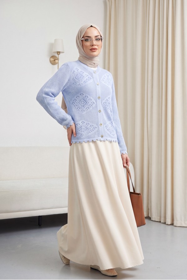 Geometric Patterned Openwork Buttoned Knit Cardigan -Baby Blue
