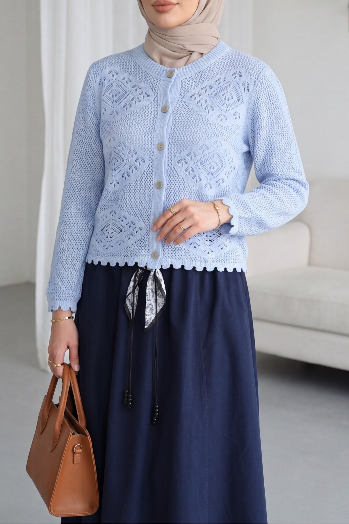 Geometric Patterned Openwork Buttoned Knit Cardigan -Baby Blue