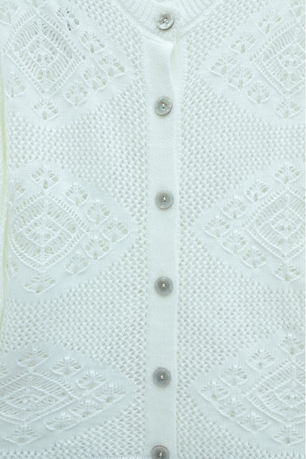 Geometric Patterned Openwork Buttoned Knit Cardigan -Ecru