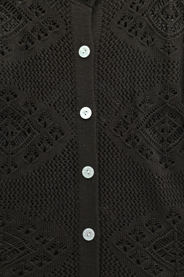 Geometric Patterned Openwork Buttoned Knit Cardigan -Dark Coffee