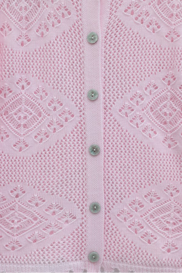Geometric Patterned Openwork Buttoned Knit Cardigan -Powder