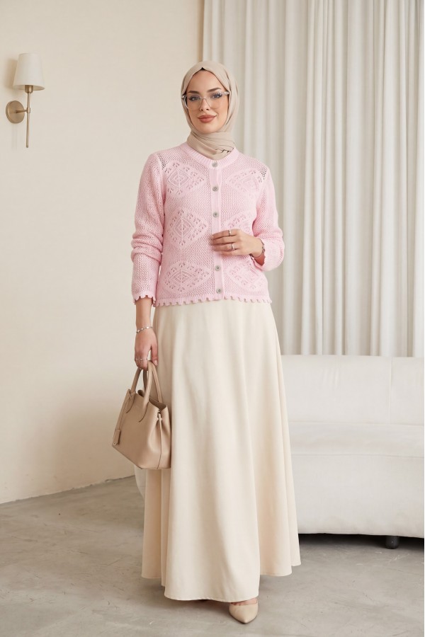 Geometric Patterned Openwork Buttoned Knit Cardigan -Powder