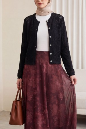 Geometrik Desenli Ajurlu Düğmeli Triko Hırka -Siyah