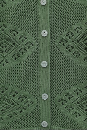 Geometrik Desenli Ajurlu Düğmeli Triko Hırka -Yeşil