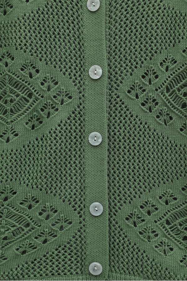 Geometric Patterned Openwork Buttoned Knit Cardigan -Green