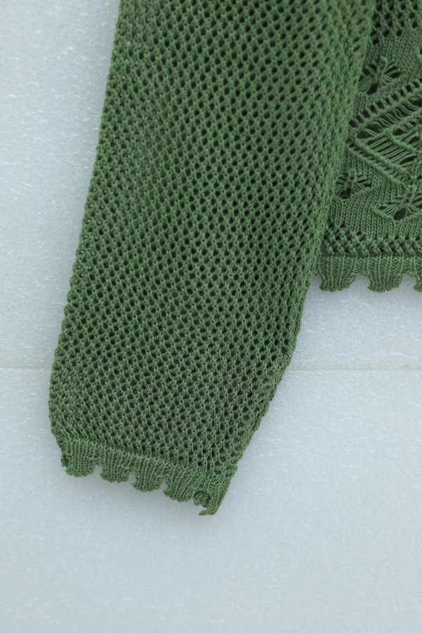Geometric Patterned Openwork Buttoned Knit Cardigan -Green