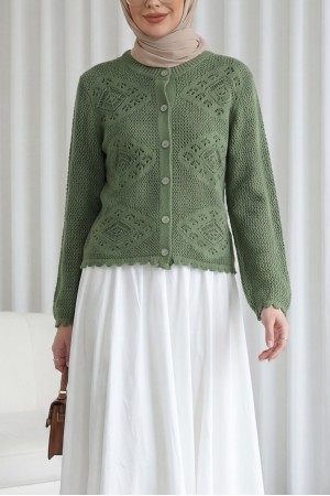 Geometrik Desenli Ajurlu Düğmeli Triko Hırka -Yeşil