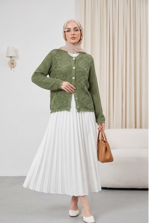Geometrik Desenli Ajurlu Düğmeli Triko Hırka -Yeşil