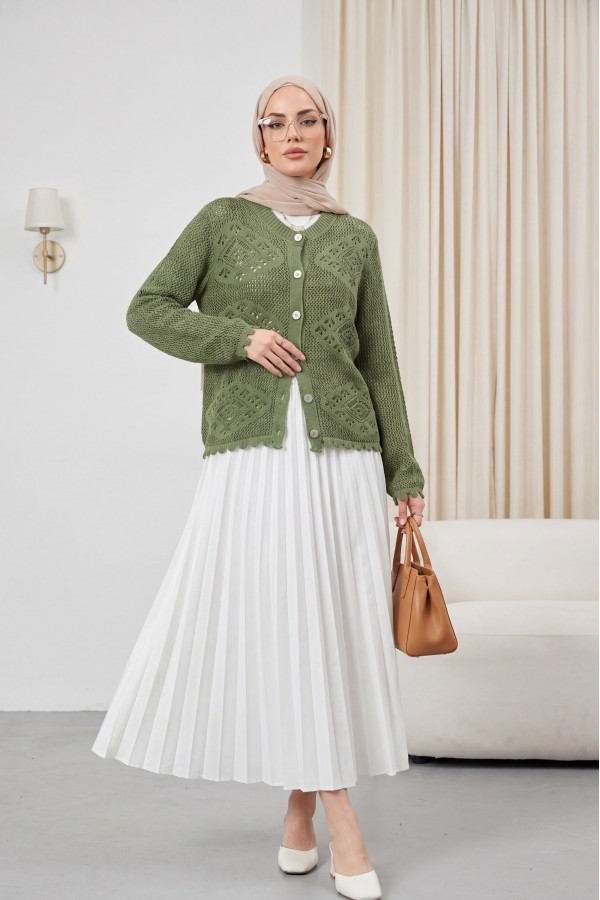 Geometric Patterned Openwork Buttoned Knit Cardigan -Green