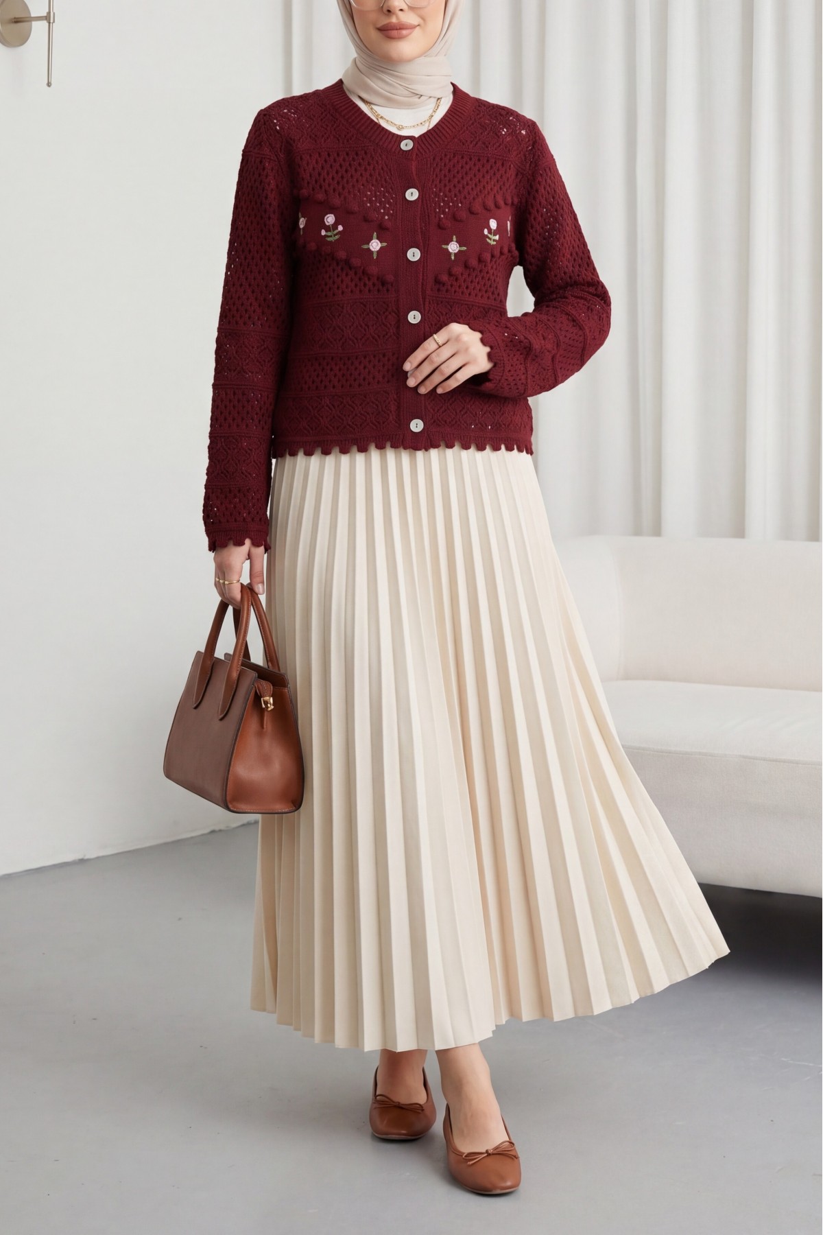 Knitted Cardigan with Floral Embroidery, Pom    -Maroon