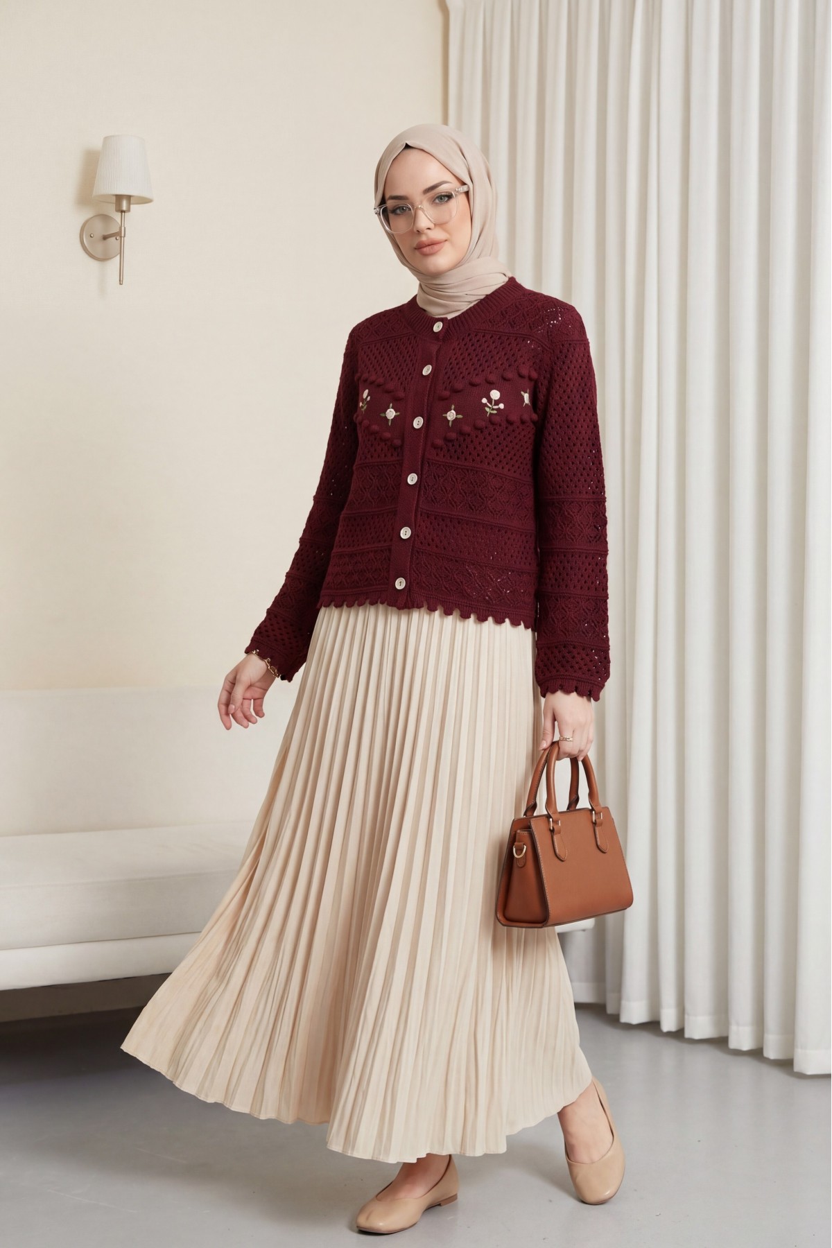 Knitted Cardigan with Floral Embroidery, Pom    -Maroon