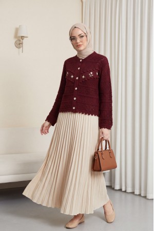 Önü Çiçek Nakışlı Ponponlu Düğmeli Triko Hırka     -Bordo