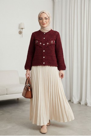 Önü Çiçek Nakışlı Ponponlu Düğmeli Triko Hırka     -Bordo