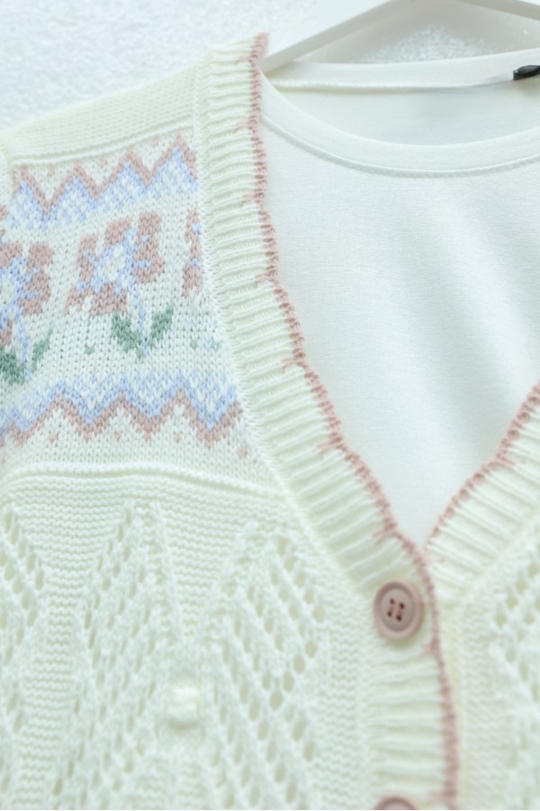 Butterfly Patterned Colorful Buttoned Openwork Knit Cardigan -White