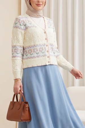 Kelebek Desenli Renkli Düğmeli Ajurlu Triko Hırka  -Beyaz