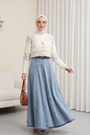 Kelebek Desenli Renkli Düğmeli Ajurlu Triko Hırka  -Beyaz