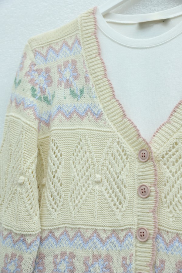 Butterfly Patterned Colorful Buttoned Openwork Knit Cardigan -Cream color