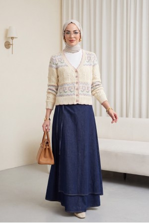 Kelebek Desenli Renkli Düğmeli Ajurlu Triko Hırka  -Krem