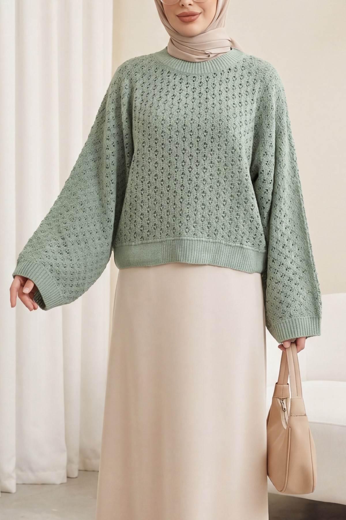 Crew Neck Batwing Sleeve Openwork Knit Sweater -Mint Color