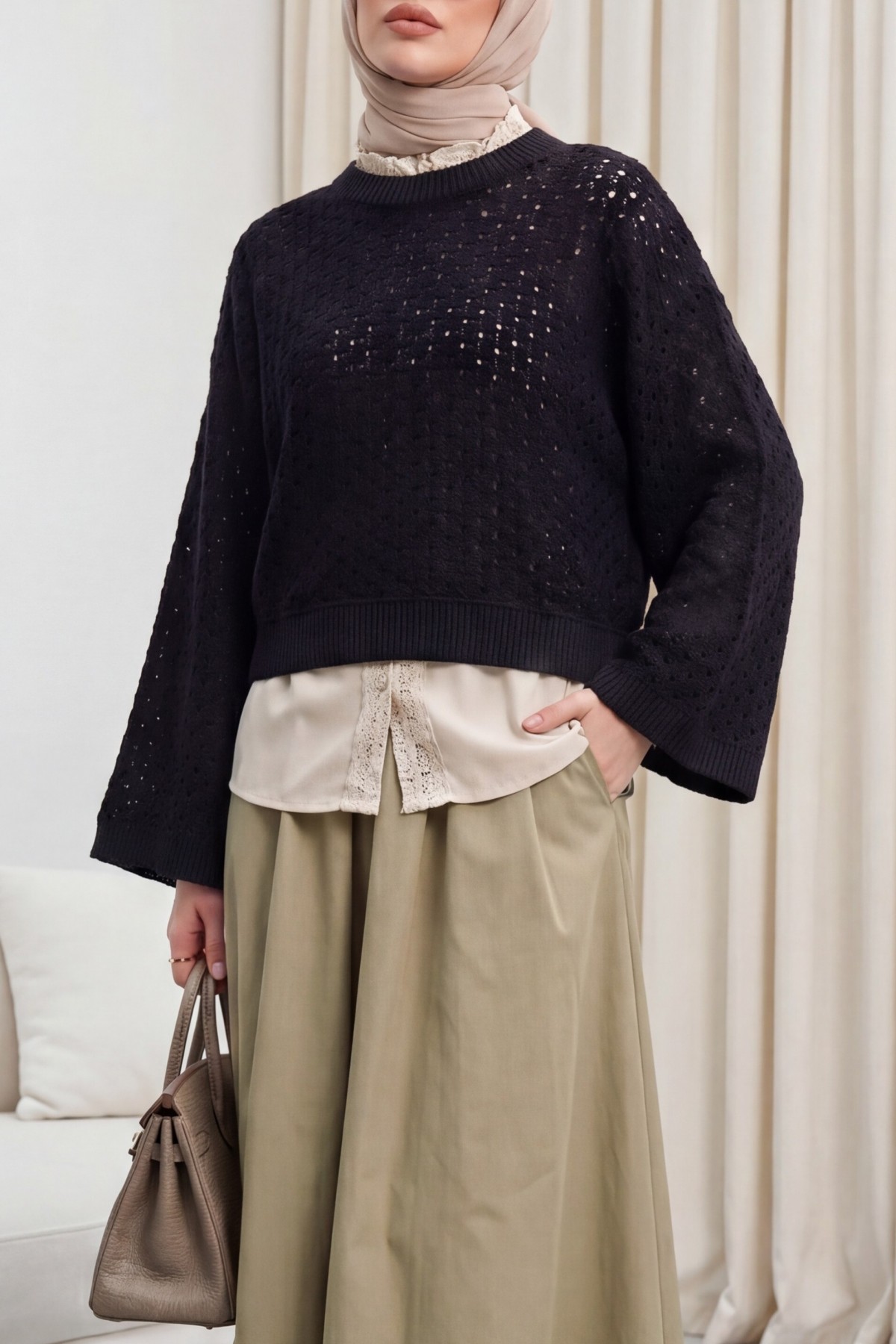 Crew Neck Batwing Sleeve Openwork Knit Sweater -Black