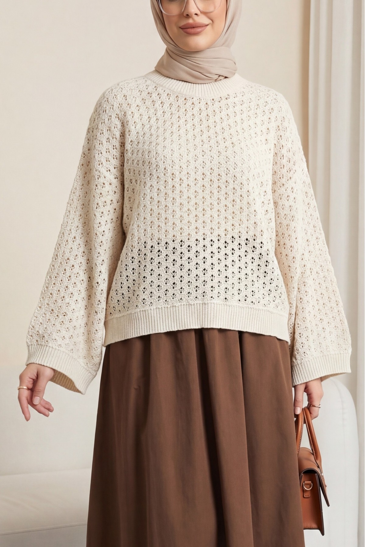 Crew Neck Batwing Sleeve Openwork Knit Sweater -Stone