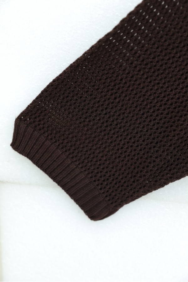 Openwork Buttoned Batwing Sleeve Knitted Cardigan -Dark Coffee