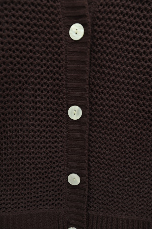 Openwork Buttoned Batwing Sleeve Knitted Cardigan -Dark Coffee