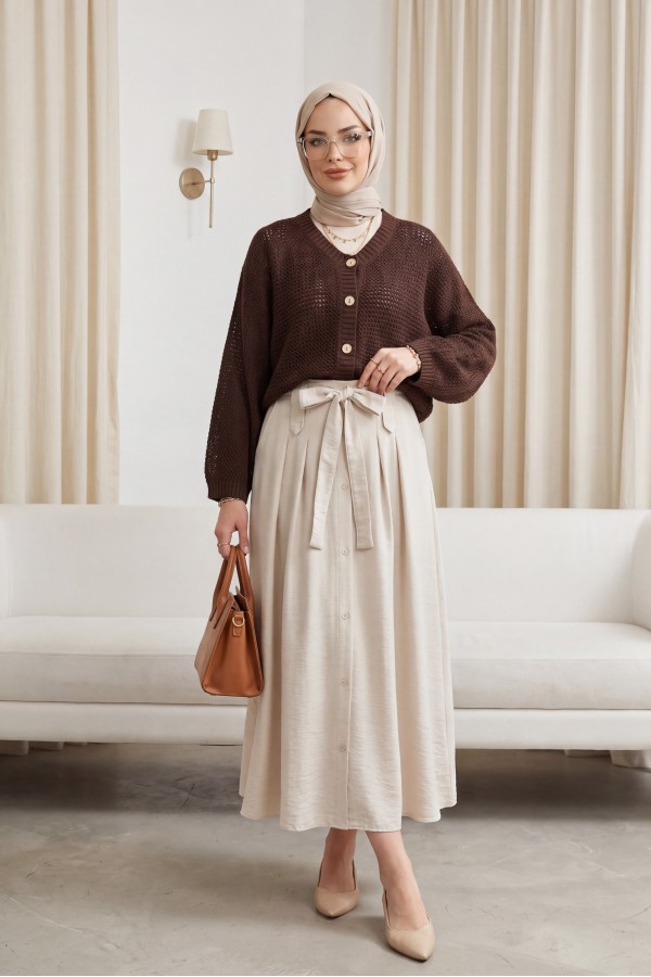 Openwork Buttoned Batwing Sleeve Knitted Cardigan -Dark Coffee