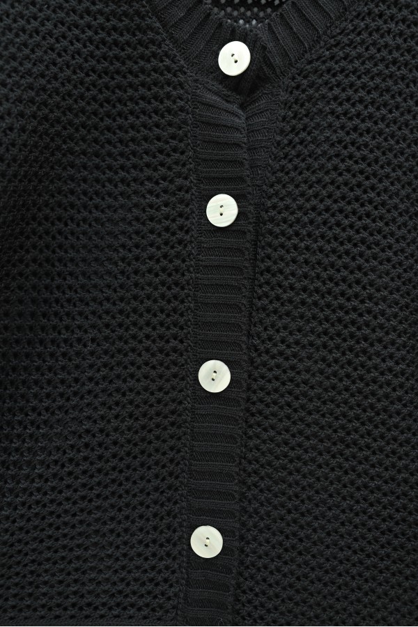 Openwork Buttoned Batwing Sleeve Knitted Cardigan -Black