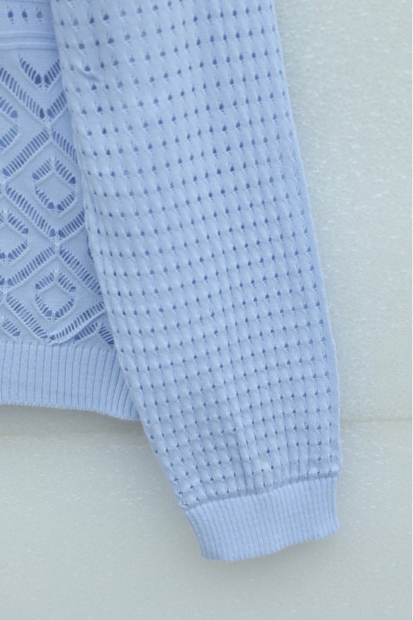 Round Neck Openwork Buttoned Knit Cardigan  -Baby Blue