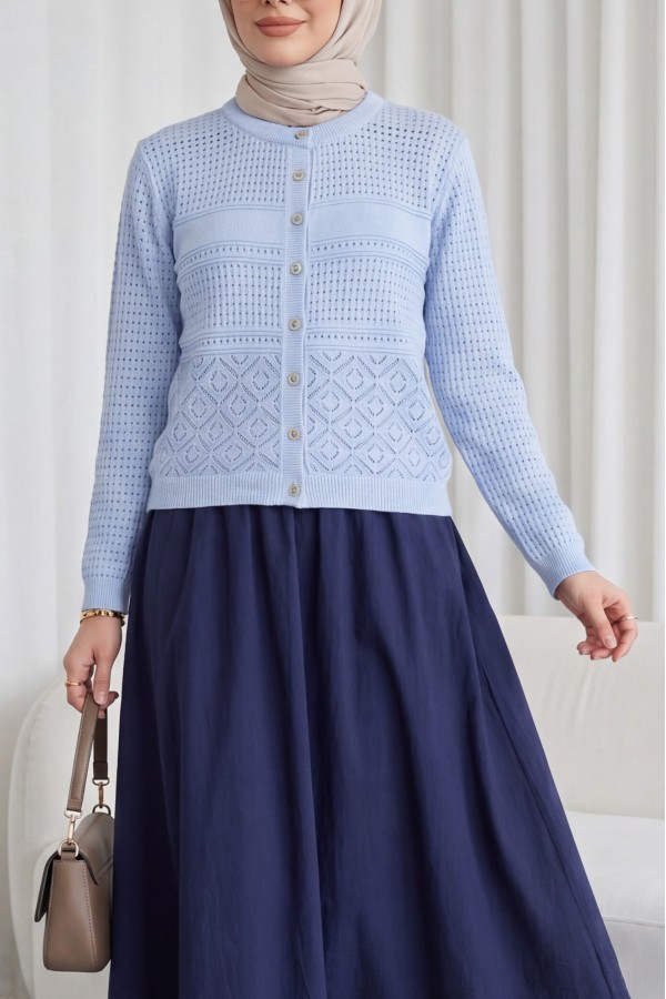 Round Neck Openwork Buttoned Knit Cardigan  -Baby Blue