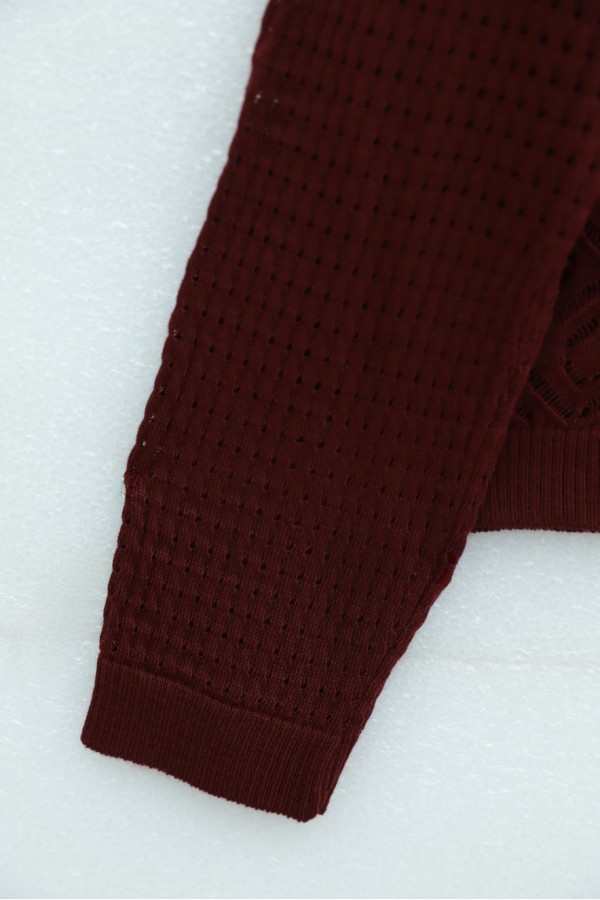 Round Neck Openwork Buttoned Knit Cardigan  -Maroon