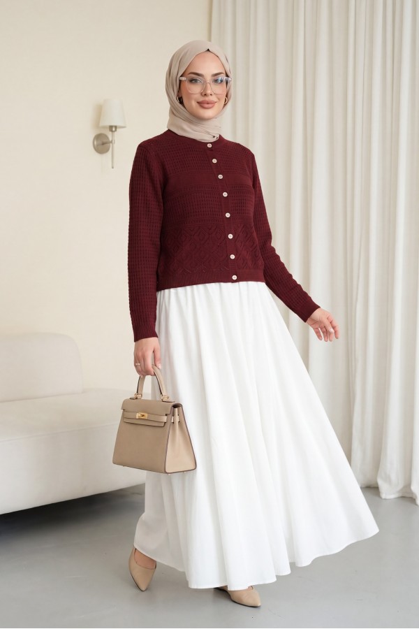 Round Neck Openwork Buttoned Knit Cardigan  -Maroon
