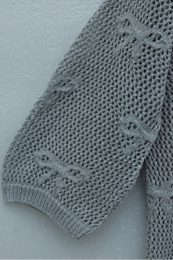 Bow Patterned Openwork Knit Cardigan  -Grey