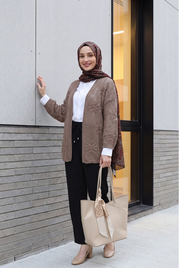 Floral Detail Openwork Knitted Cardigan -Light coffee