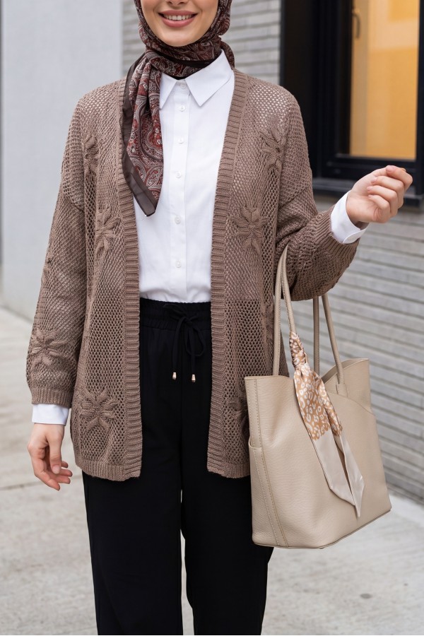 Floral Detail Openwork Knitted Cardigan -Light coffee