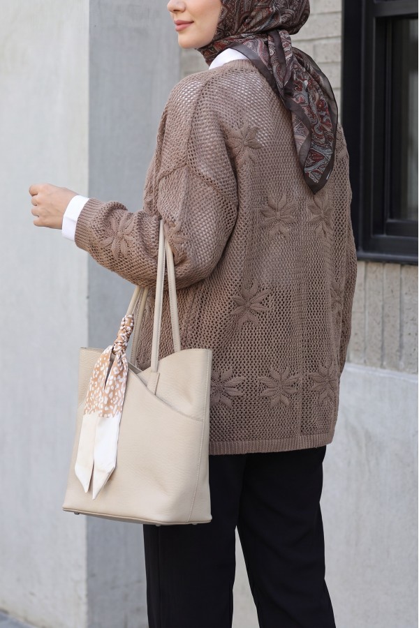 Floral Detail Openwork Knitted Cardigan -Light coffee