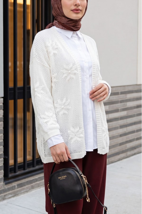 Floral Detail Openwork Knitted Cardigan -White