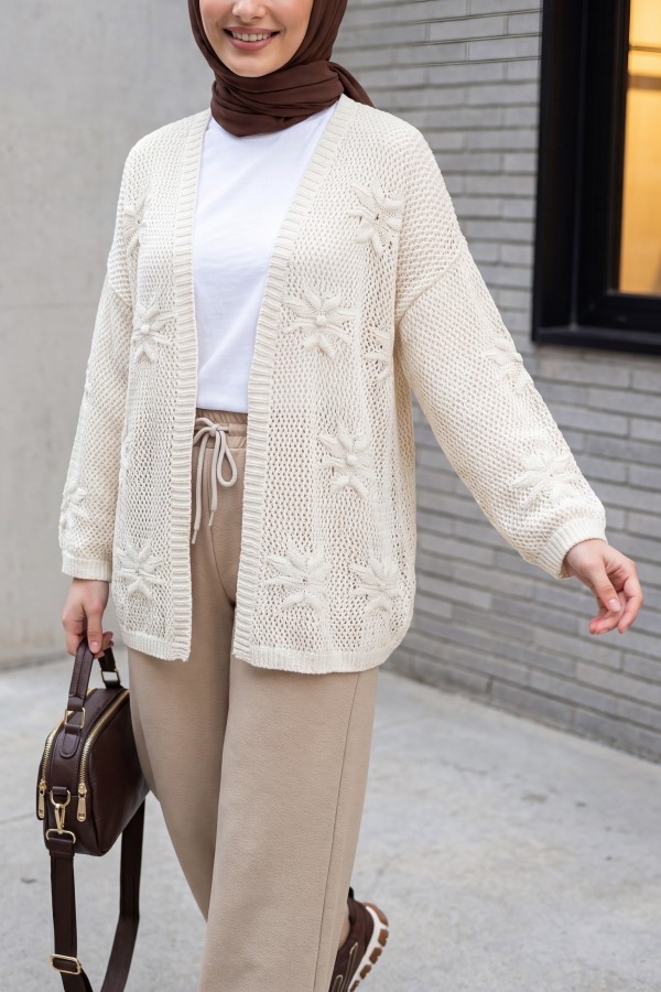 Floral Detail Openwork Knitted Cardigan -Cream color