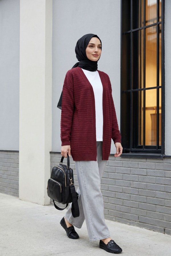 Thin Knit Cardigan with Pom-Pom Detail -Maroon