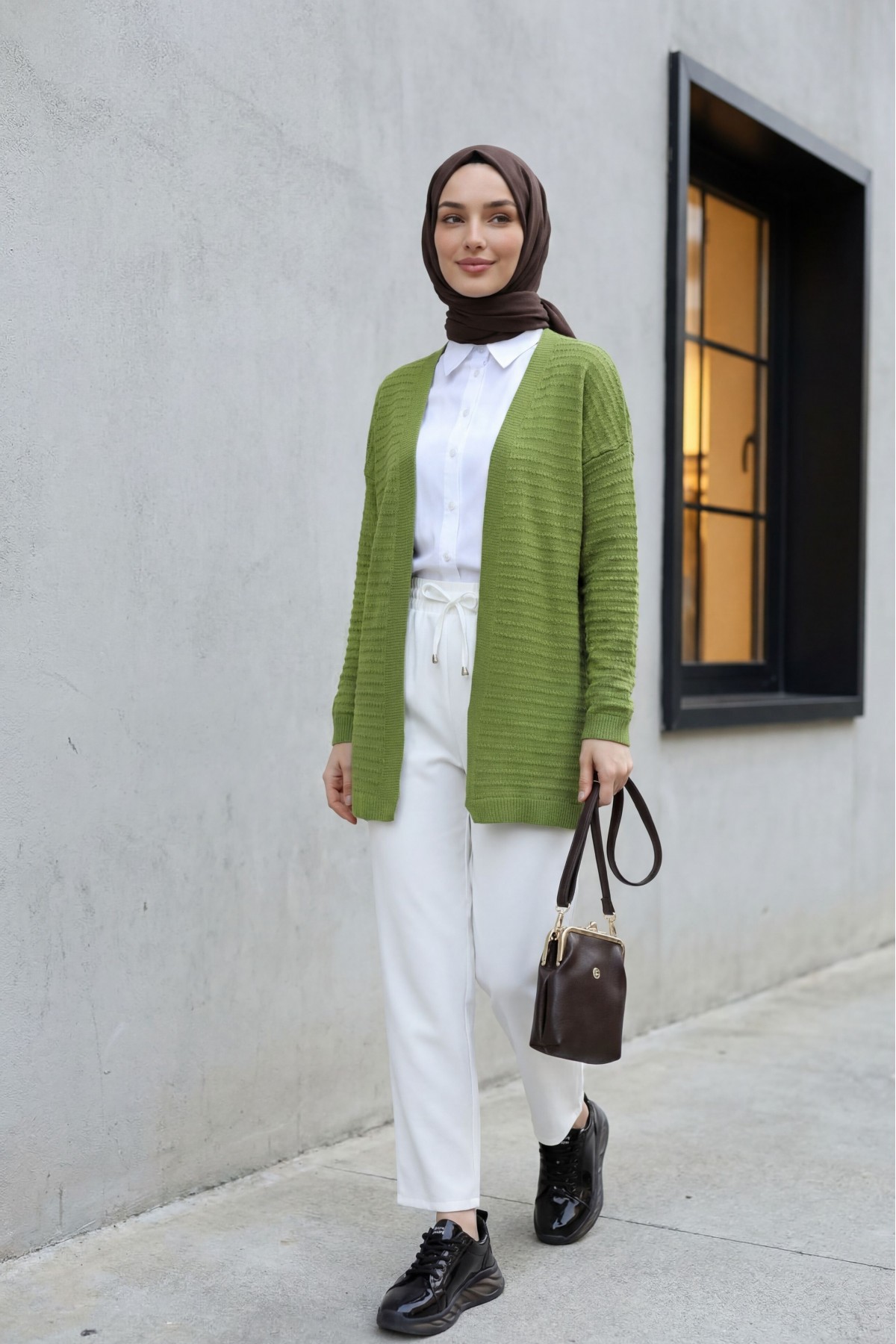 Thin Knit Cardigan with Pom-Pom Detail -PISTACHIO GREEN